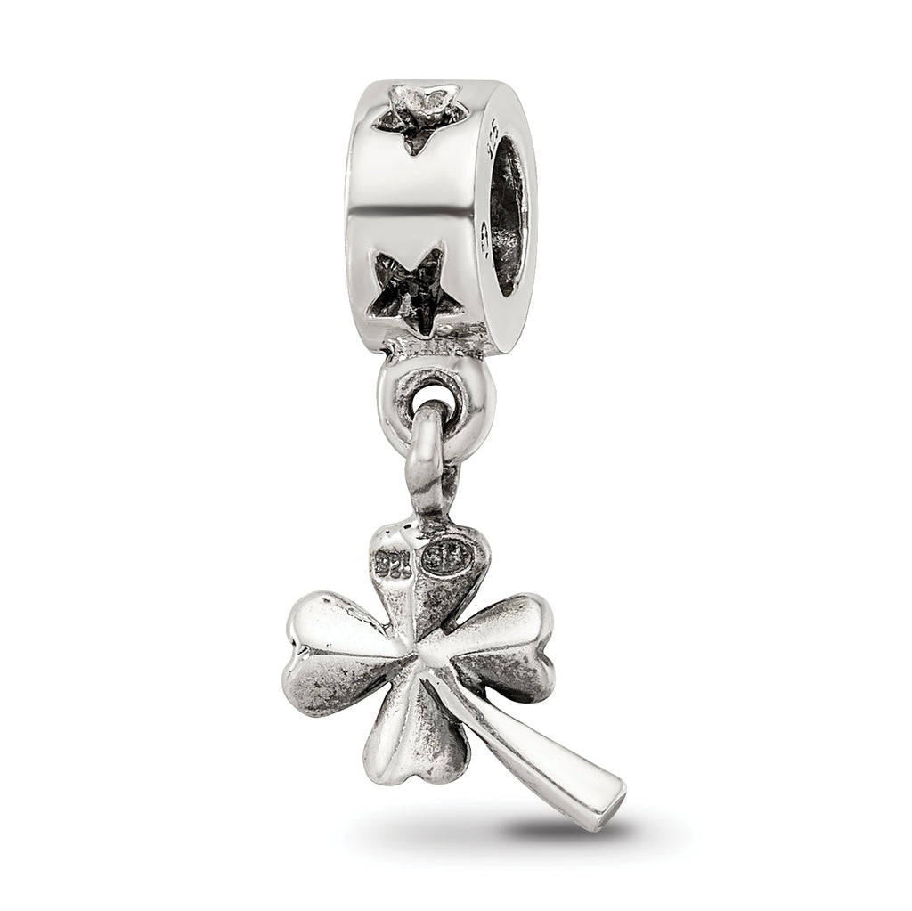 Sterling Silver 925 Four-Leaf Clover Dangle Bead with Antiqued Finish