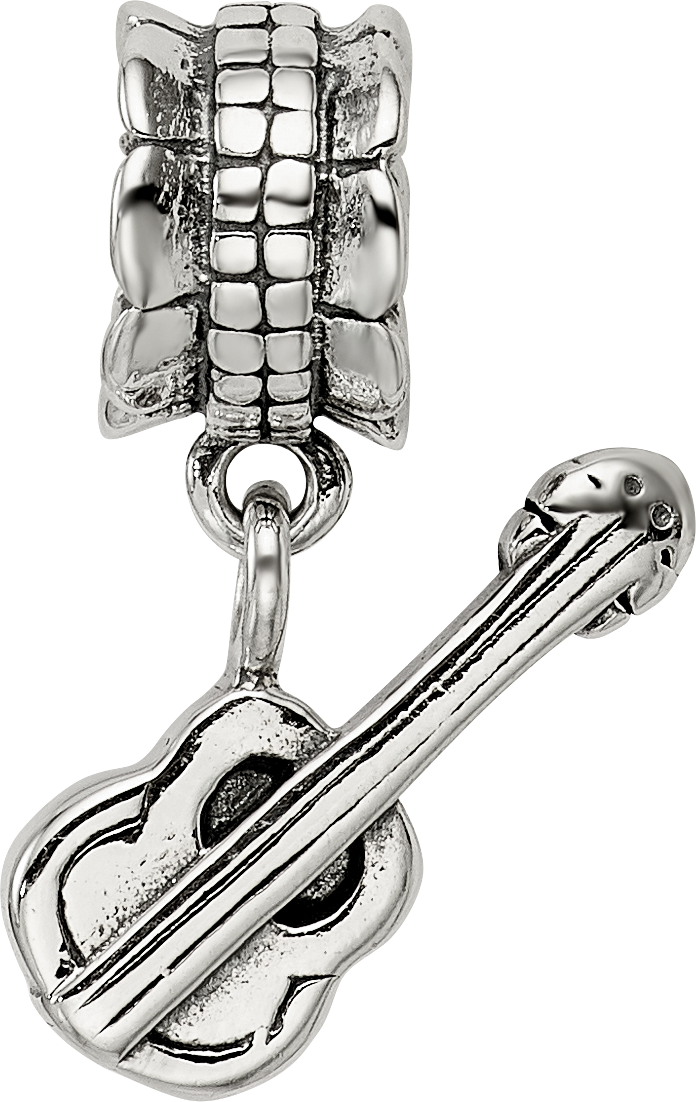 Sterling Silver 925 Antiqued Guitar Dangle Bead with Solid Design