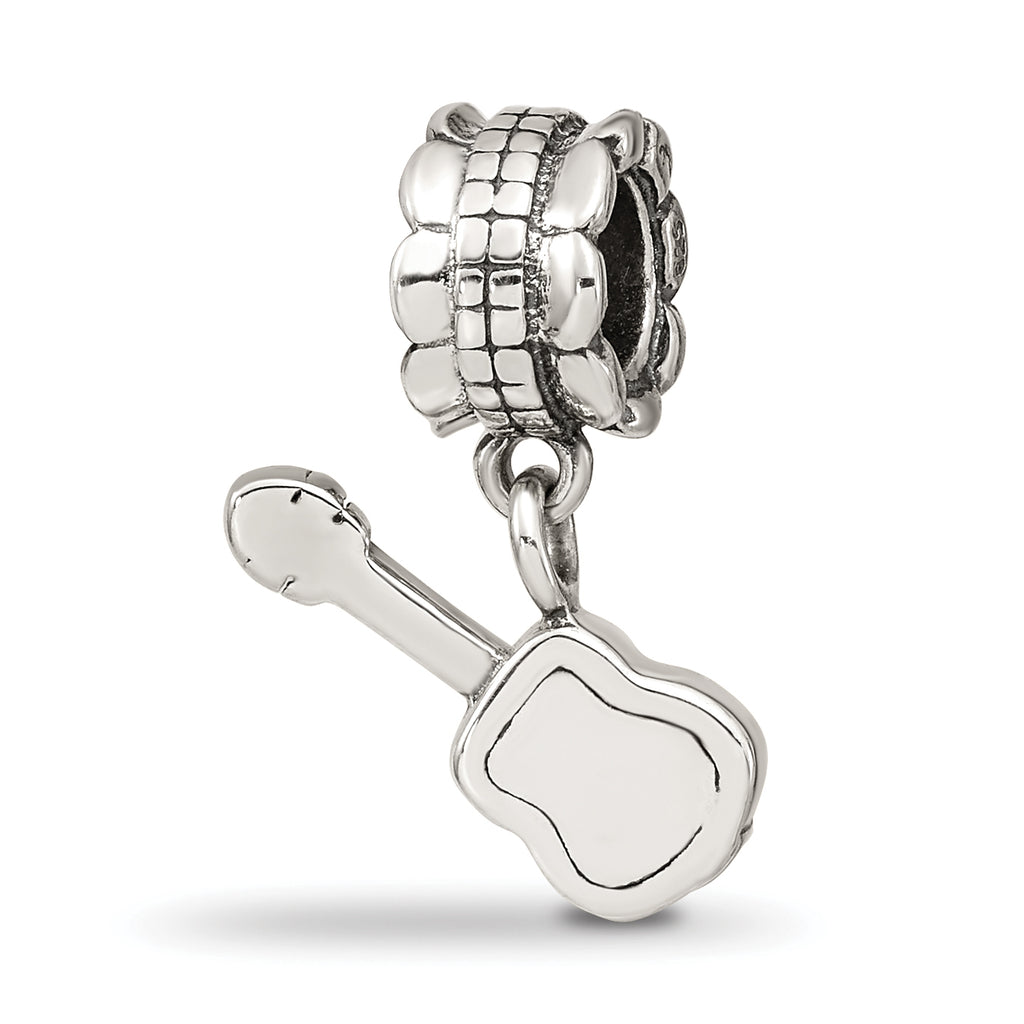 Sterling Silver 925 Antiqued Guitar Dangle Bead with Solid Design