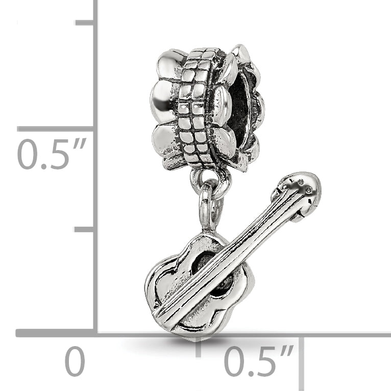 Sterling Silver 925 Antiqued Guitar Dangle Bead with Solid Design