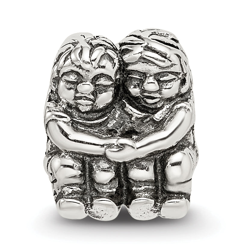 Sterling Silver 925 Bead with Two Kids Design Antiqued Finish