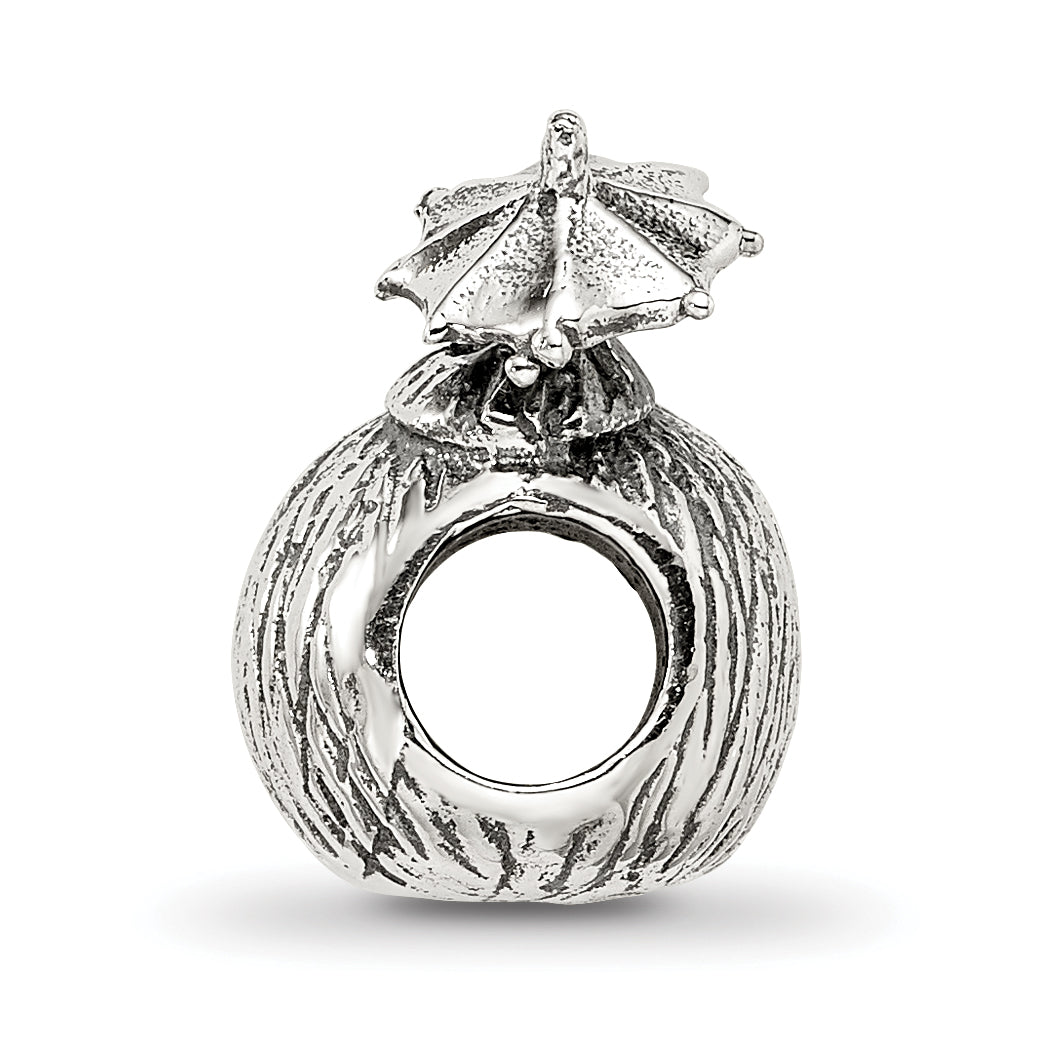 Sterling Silver 925 Coconut Drink Bead with Antiqued Finish Solid Cast