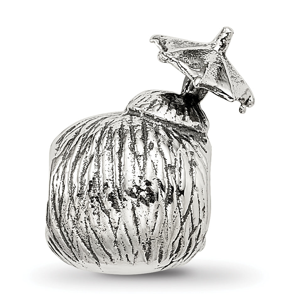 Sterling Silver 925 Coconut Drink Bead with Antiqued Finish Solid Cast