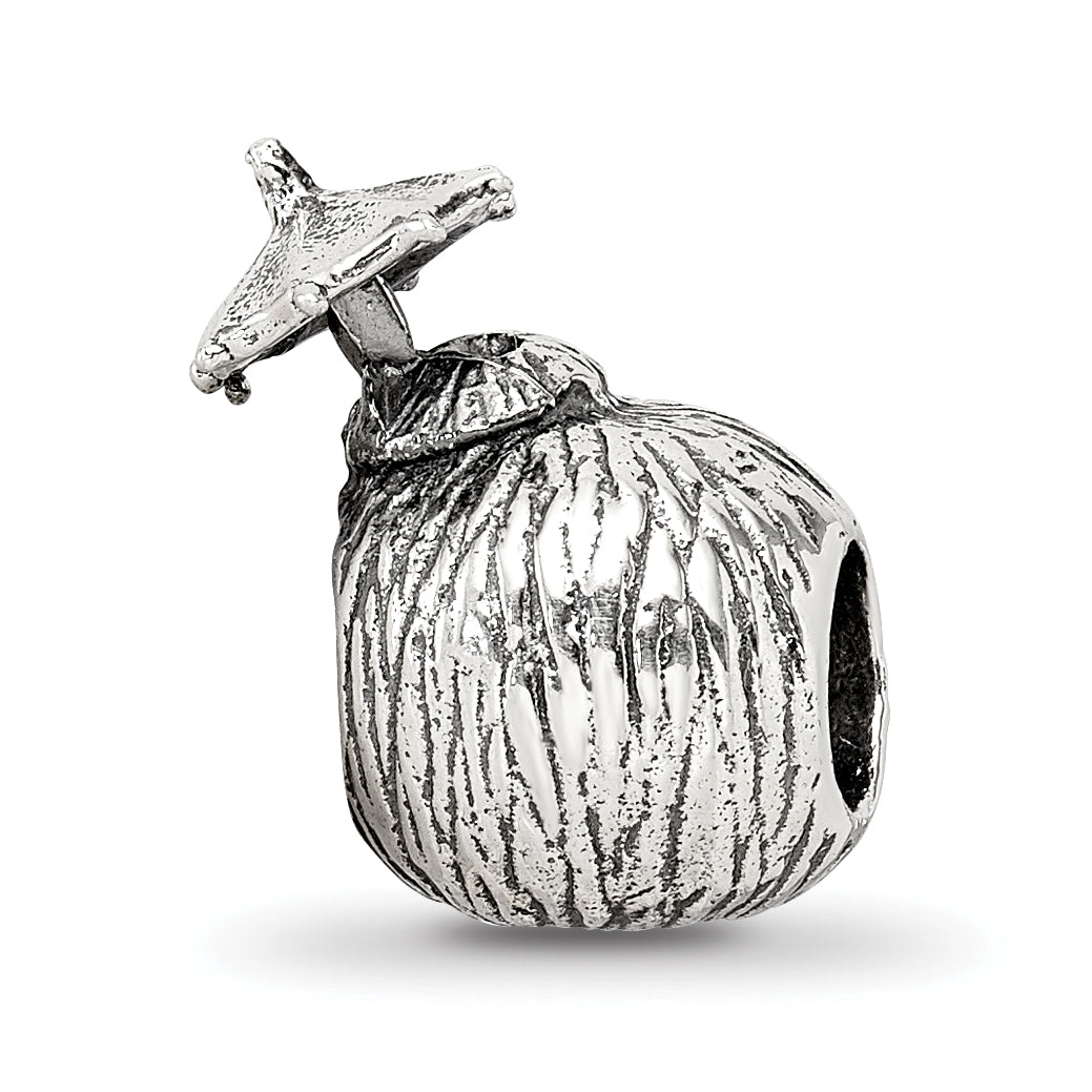 Sterling Silver 925 Coconut Drink Bead with Antiqued Finish Solid Cast