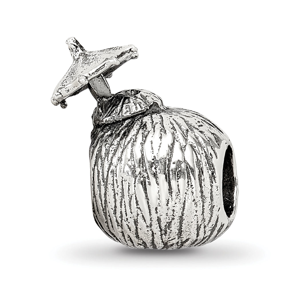Sterling Silver 925 Coconut Drink Bead with Antiqued Finish Solid Cast