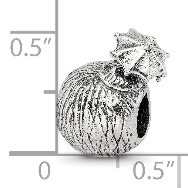 Sterling Silver 925 Coconut Drink Bead with Antiqued Finish Solid Cast