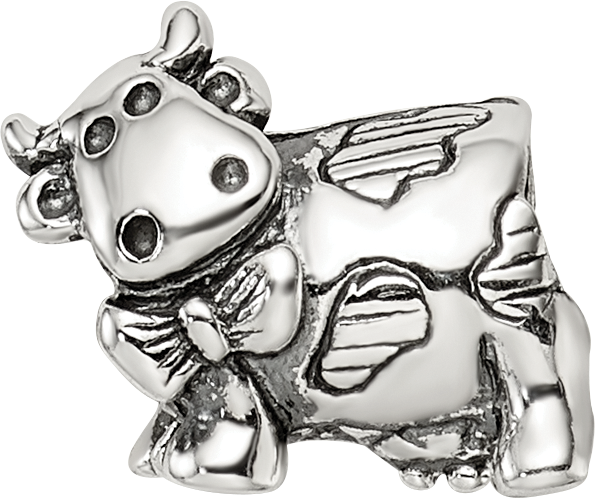 Sterling Silver 925 Kids Cow Bead with Bow Antiqued Finish Solid Design