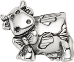 Sterling Silver 925 Kids Cow Bead with Bow Antiqued Finish Solid Design