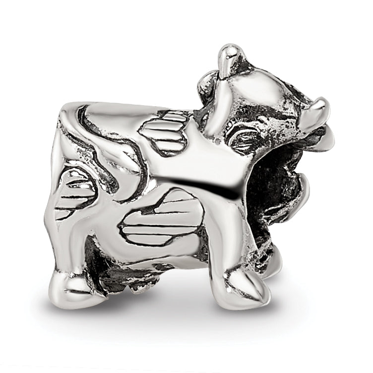 Sterling Silver 925 Kids Cow Bead with Bow Antiqued Finish Solid Design