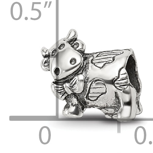 Sterling Silver 925 Kids Cow Bead with Bow Antiqued Finish Solid Design