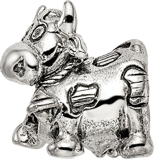 Sterling Silver 925 Kids Cow Bead with Bell Antiqued Finish