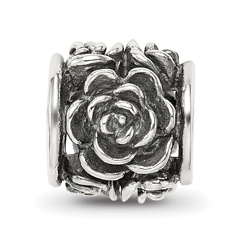 Sterling Silver 925 Antiqued Bali Bead with Rose Design Solid Cast