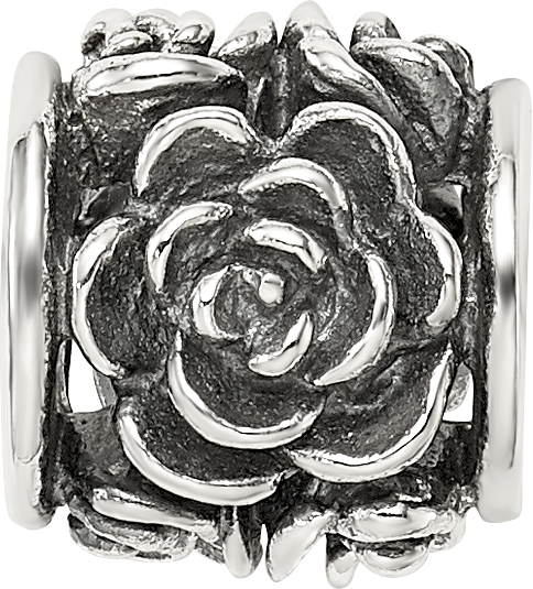 Sterling Silver 925 Antiqued Bali Bead with Rose Design Solid Cast