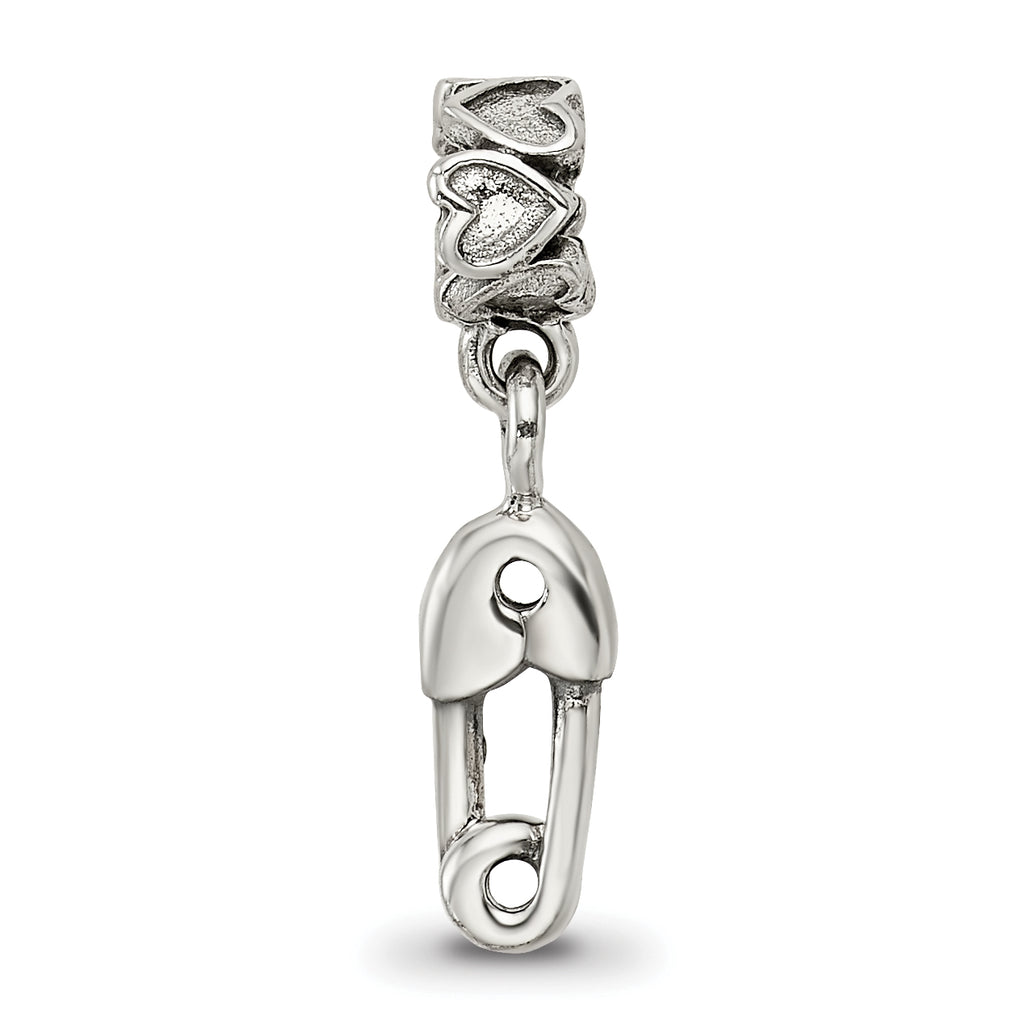 Sterling Silver 925 Kids Bead with Safety Pin Charm Antiqued Finish