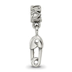 Sterling Silver 925 Kids Bead with Safety Pin Charm Antiqued Finish