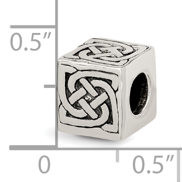Sterling Silver 925 Celtic Block Bead with Antiqued Finish Solid Themed Design