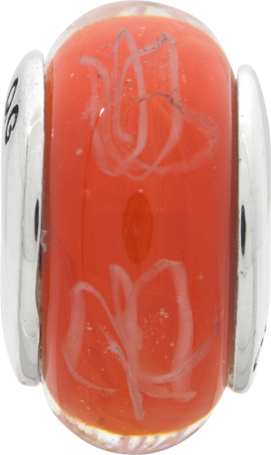 Sterling Silver Hand-Blown Glass Bead with Orange/White Scribble Design Elegant Stackable