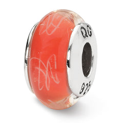 Sterling Silver Reflections Orange/White Scribbles Hand-blown Glass Bead