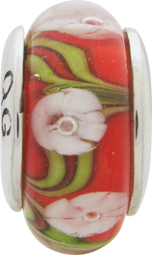 Sterling Silver Reflections Red/White Floral Hand-blown Glass Bead
