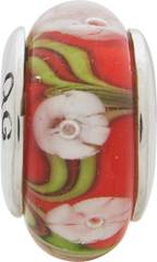 Sterling Silver Reflections Red/White Floral Hand-blown Glass Bead