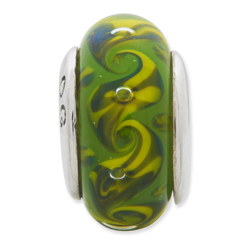 Sterling Silver Reflections Green/Yellow Swirl Hand-blown Glass Bead