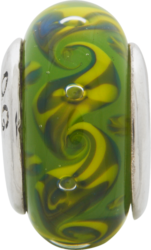 Sterling Silver Reflections Green/Yellow Swirl Hand-blown Glass Bead