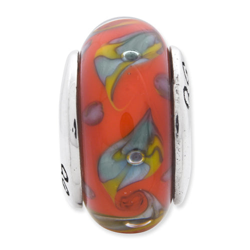 Sterling Silver Hand-Blown Glass Bead with Red/Teal Swirl Antique Finish