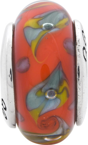 Sterling Silver Hand-Blown Glass Bead with Red/Teal Swirl Antique Finish