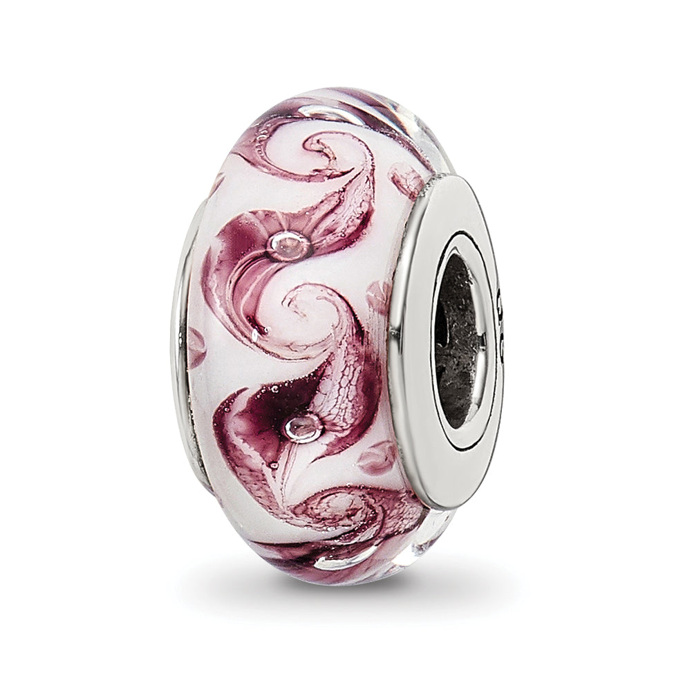 Sterling Silver Reflections White/Mauve Swirl Hand-blown Glass Bead Main image