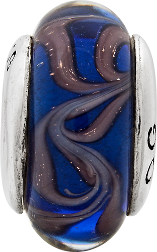 Sterling Silver 925 Glass Bead with Blue/Brown Swirl Hand-Blown Design