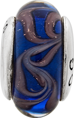 Sterling Silver 925 Glass Bead with Blue/Brown Swirl Hand-Blown Design
