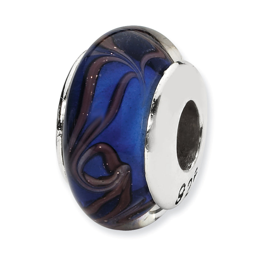 Sterling Silver Reflections Blue/Brown Swirl Hand-blown Glass Bead