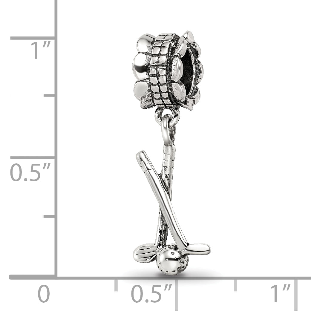 Sterling Silver 925 Golf Clubs and Ball Dangle Bead with Antiqued Finish