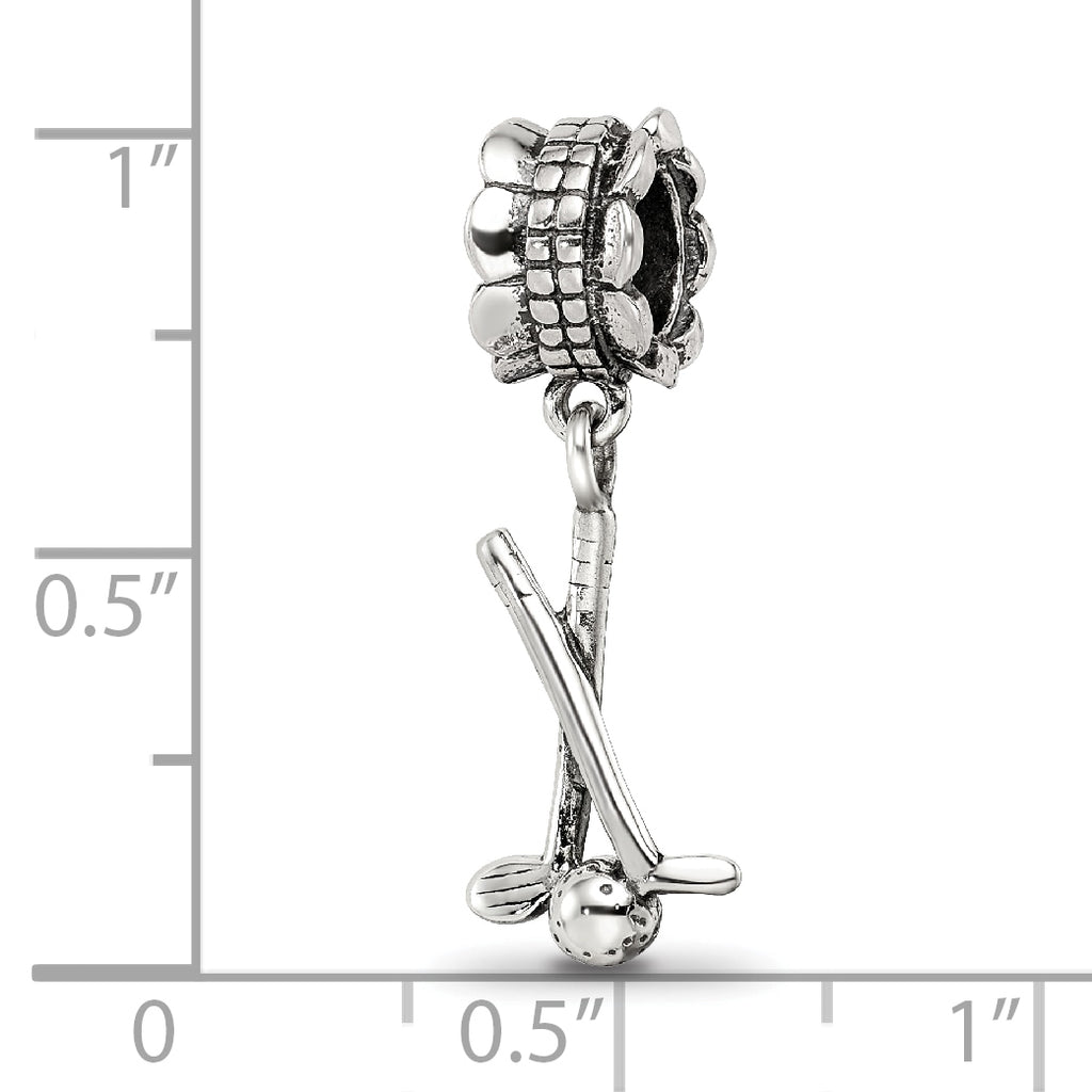 Sterling Silver 925 Golf Clubs and Ball Dangle Bead with Antiqued Finish