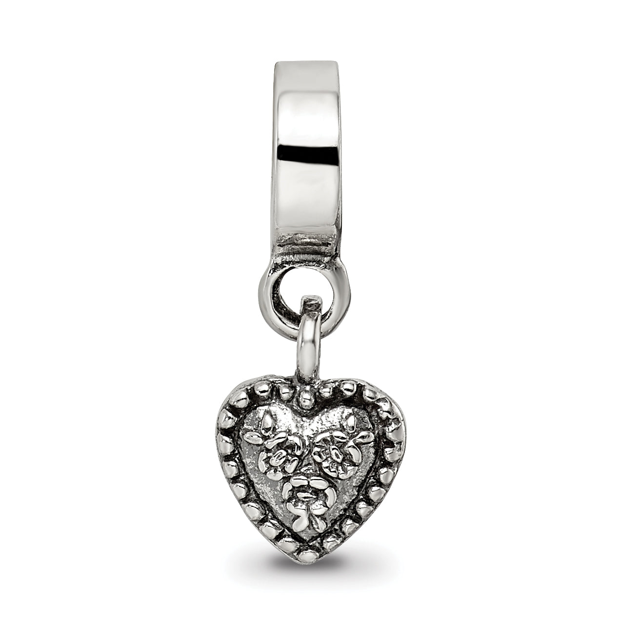 Sterling Silver 925 Heart Dangle Bead with Antiqued Finish