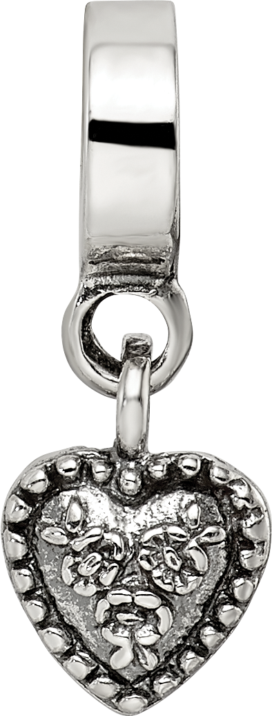 Sterling Silver 925 Heart Dangle Bead with Antiqued Finish