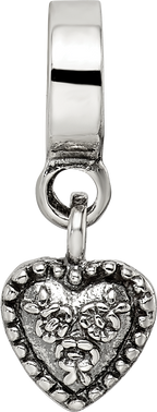 Sterling Silver 925 Heart Dangle Bead with Antiqued Finish