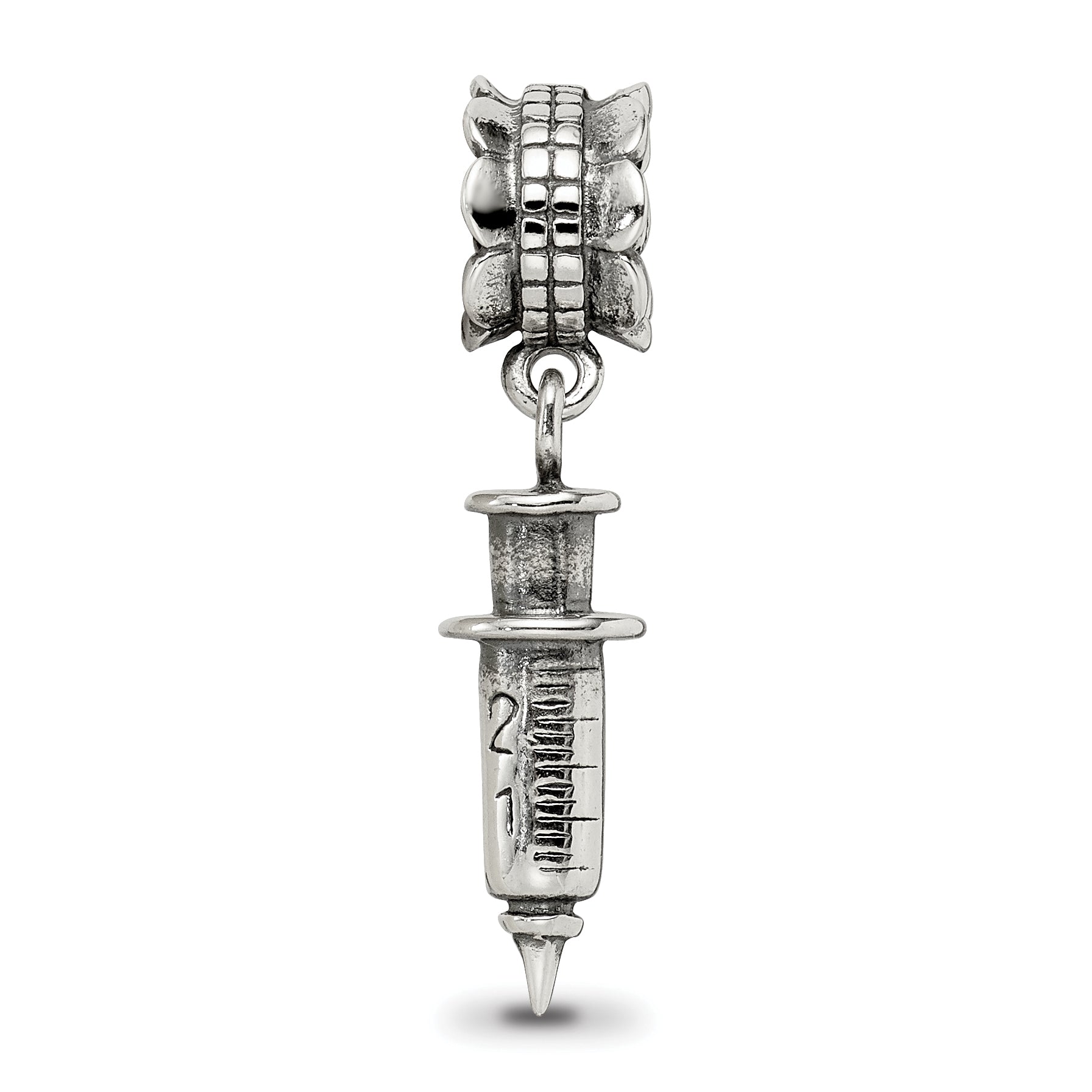 Sterling Silver 925 Syringe Dangle Bead with Antiqued Finish Elegant Charm