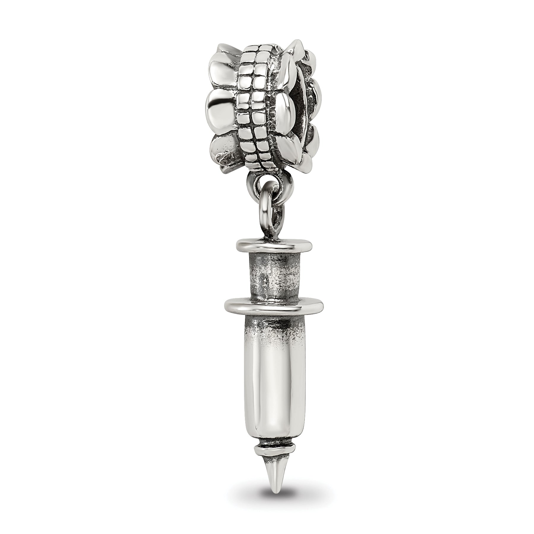 Sterling Silver 925 Syringe Dangle Bead with Antiqued Finish Elegant Charm