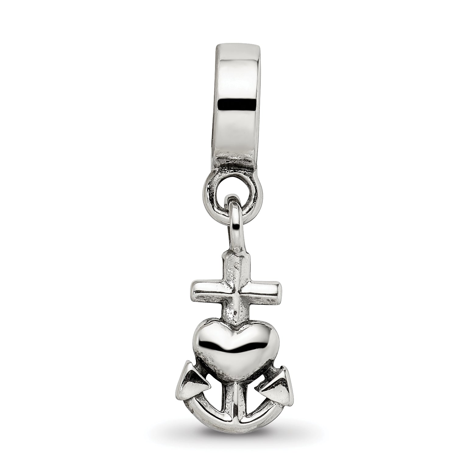 Sterling Silver 925 Dangle Bead with Heart, Cross & Anchor Charm Polished Finish