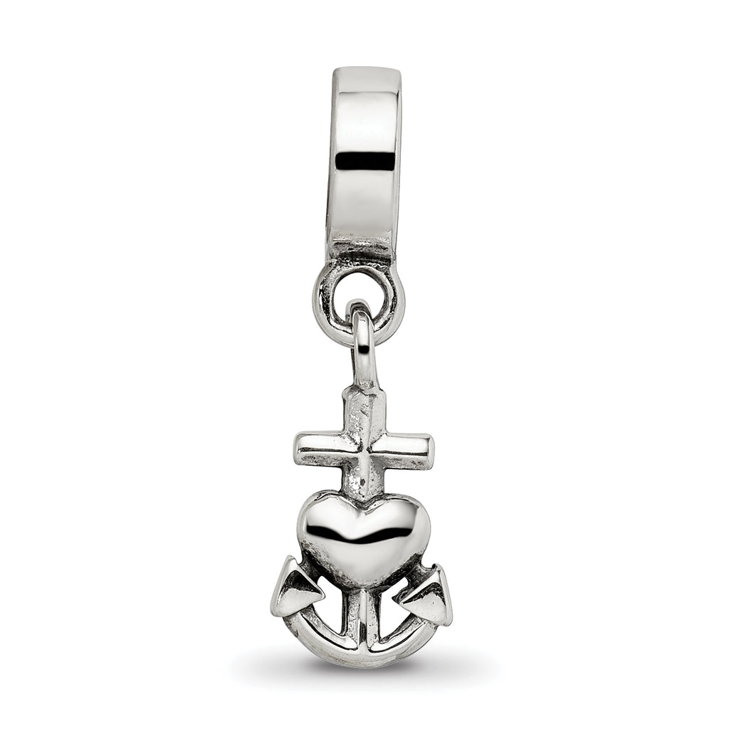 Sterling Silver 925 Dangle Bead with Heart, Cross & Anchor Charm Polished Finish