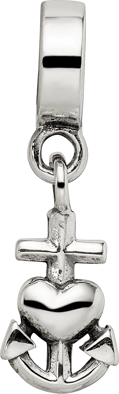 Sterling Silver 925 Dangle Bead with Heart, Cross & Anchor Charm Polished Finish