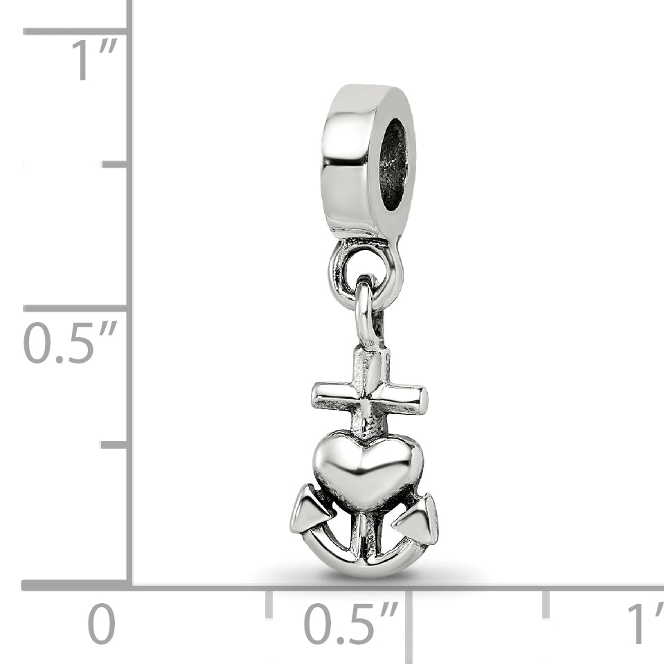 Sterling Silver 925 Dangle Bead with Heart, Cross & Anchor Charm Polished Finish