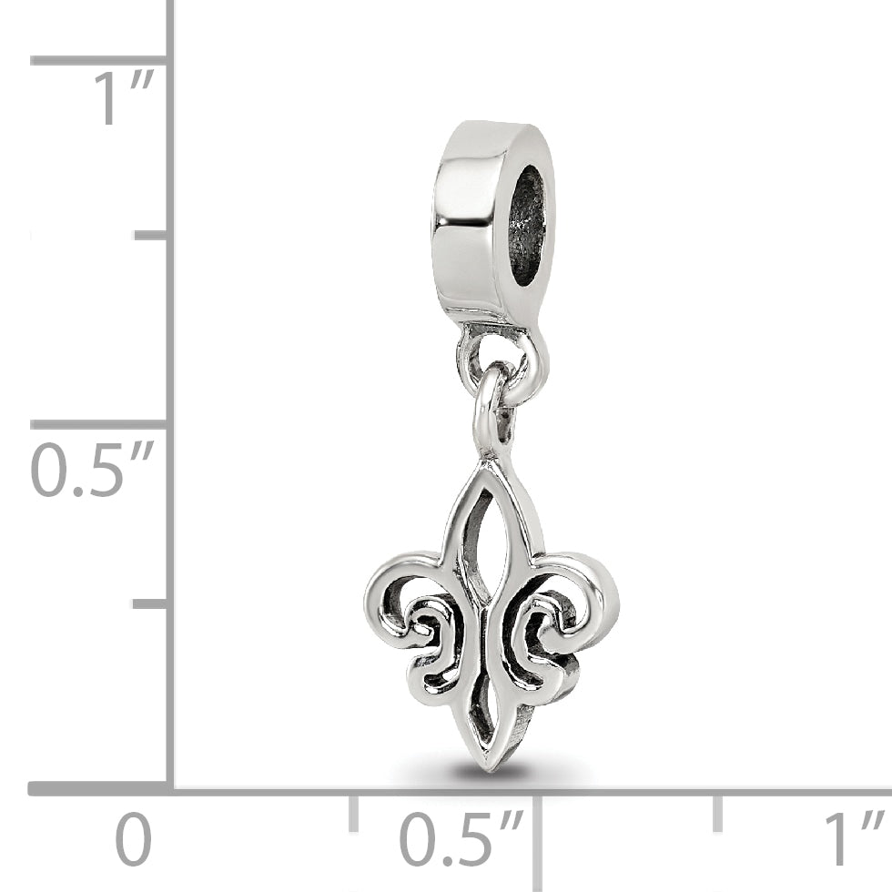 Sterling Silver 925 Fleur de Lis Dangle Bead with Antiqued Finish