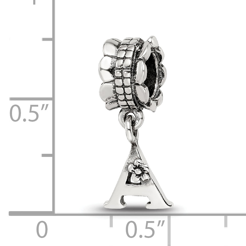 Sterling Silver 925 Letter A Dangle Bead with Antiqued Finish