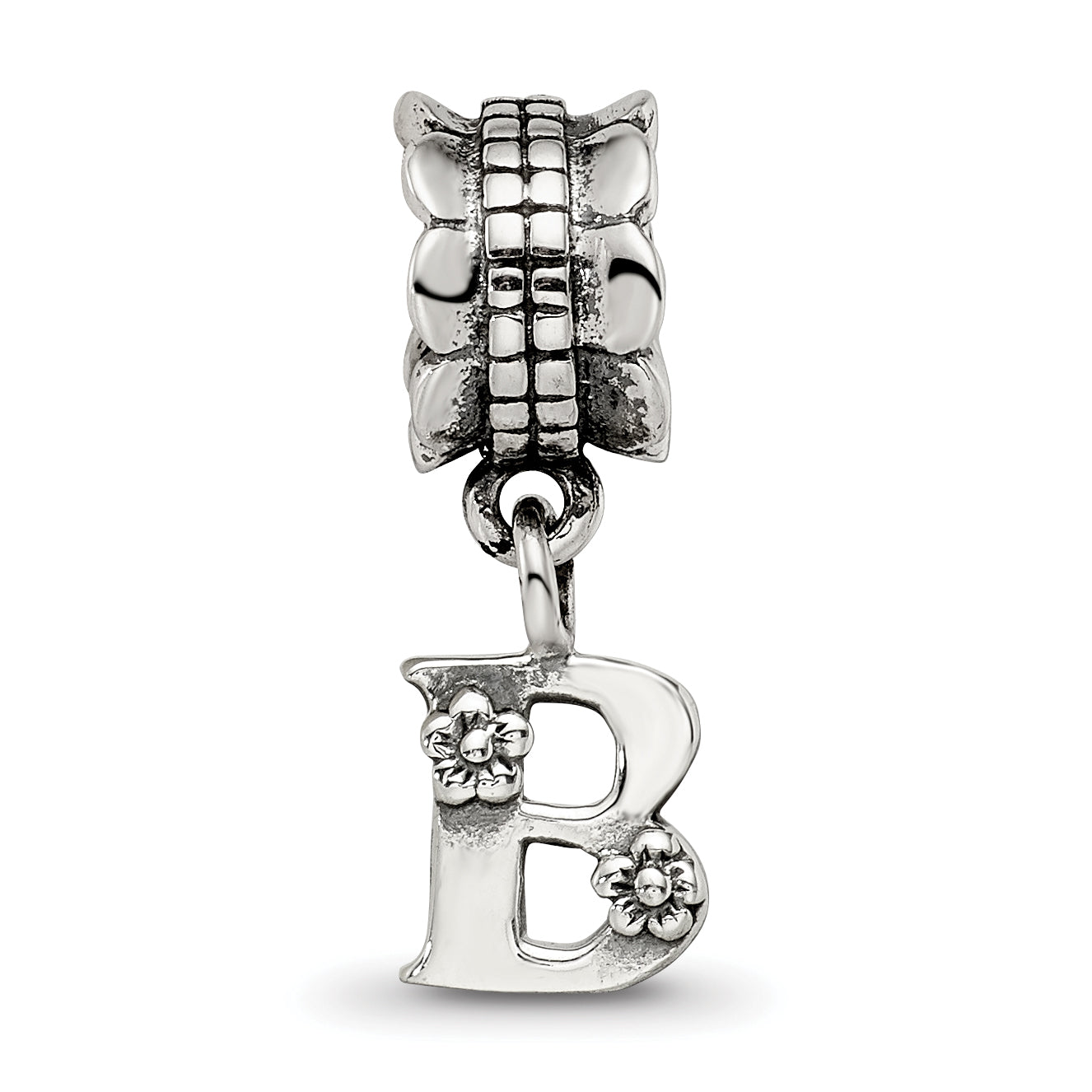 Sterling Silver 925 Antiqued Letter B Dangle Bead Solid Charm