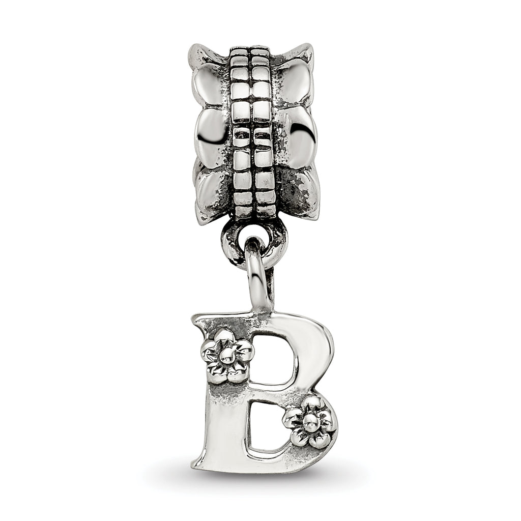 Sterling Silver 925 Antiqued Letter B Dangle Bead Solid Charm