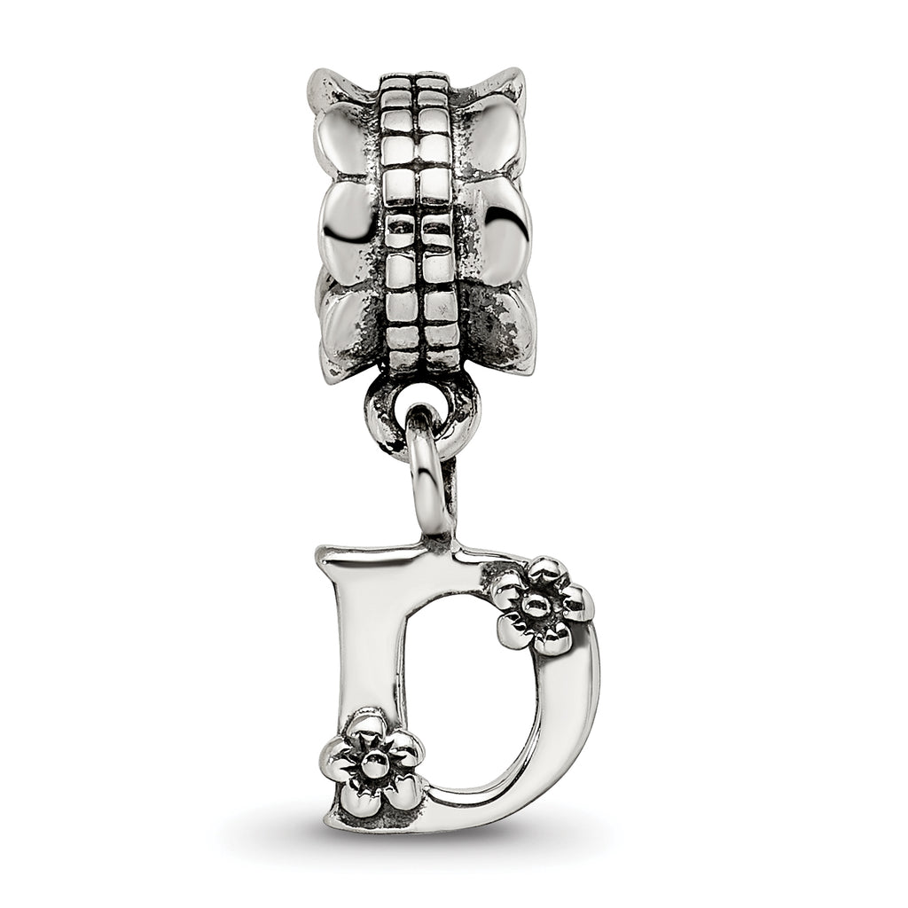 Sterling Silver 925 Antiqued Letter D Dangle Bead Solid Casted Charm