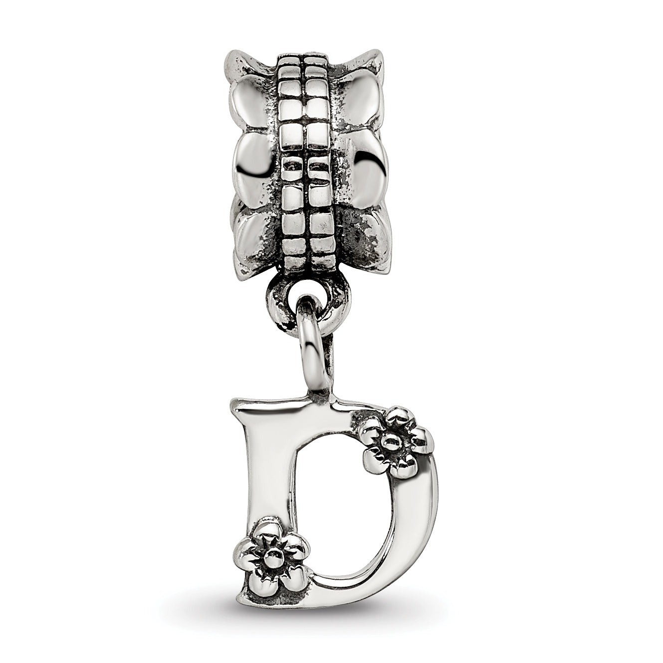 Sterling Silver 925 Antiqued Letter D Dangle Bead Solid Casted Charm