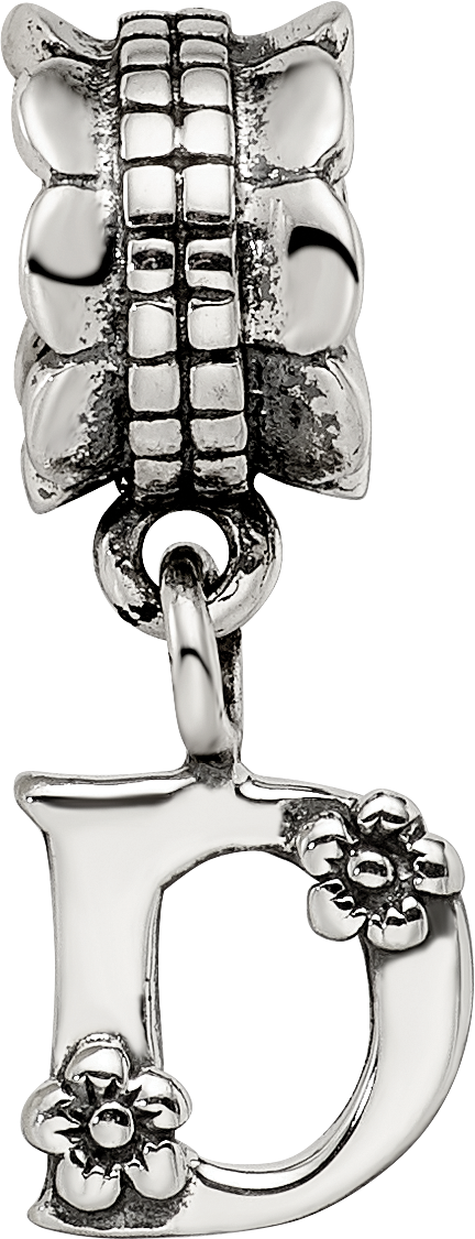 Sterling Silver 925 Antiqued Letter D Dangle Bead Solid Casted Charm